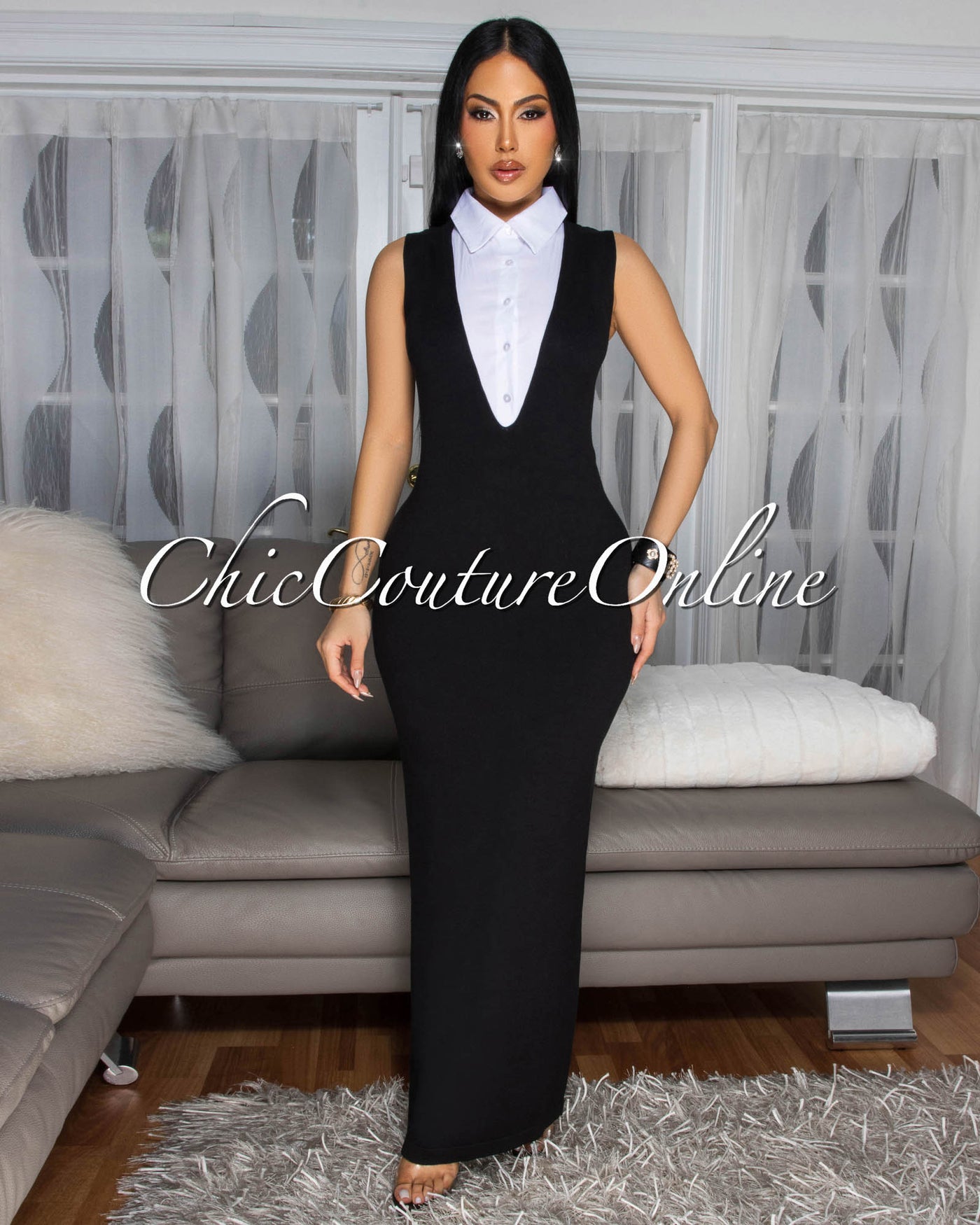 Jolienne Black White Tuxedo Maxi Dress