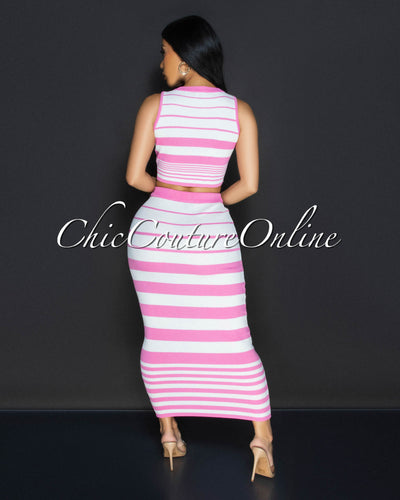 Evaline White Pink Stripes Top & Midi Skirt Set