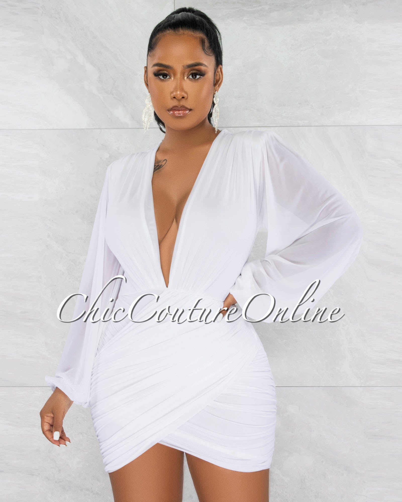 Stephen Deep-V Mesh Ruched Dress