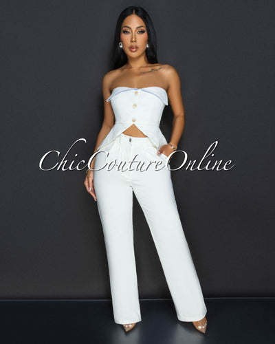 Ilary Off-White Strapless Peplum Top & Pants Set