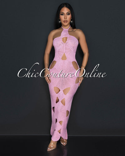 Isadore Pink Crochet Cut-Out Halter Midi Dress