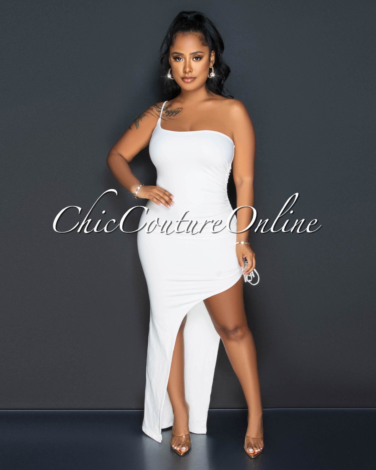 *Celene Off-White Single Shoulder Ruched Side Slit Maxi Dress