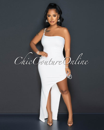 Celene Off-White Single Shoulder Ruched Side Slit Maxi Dress