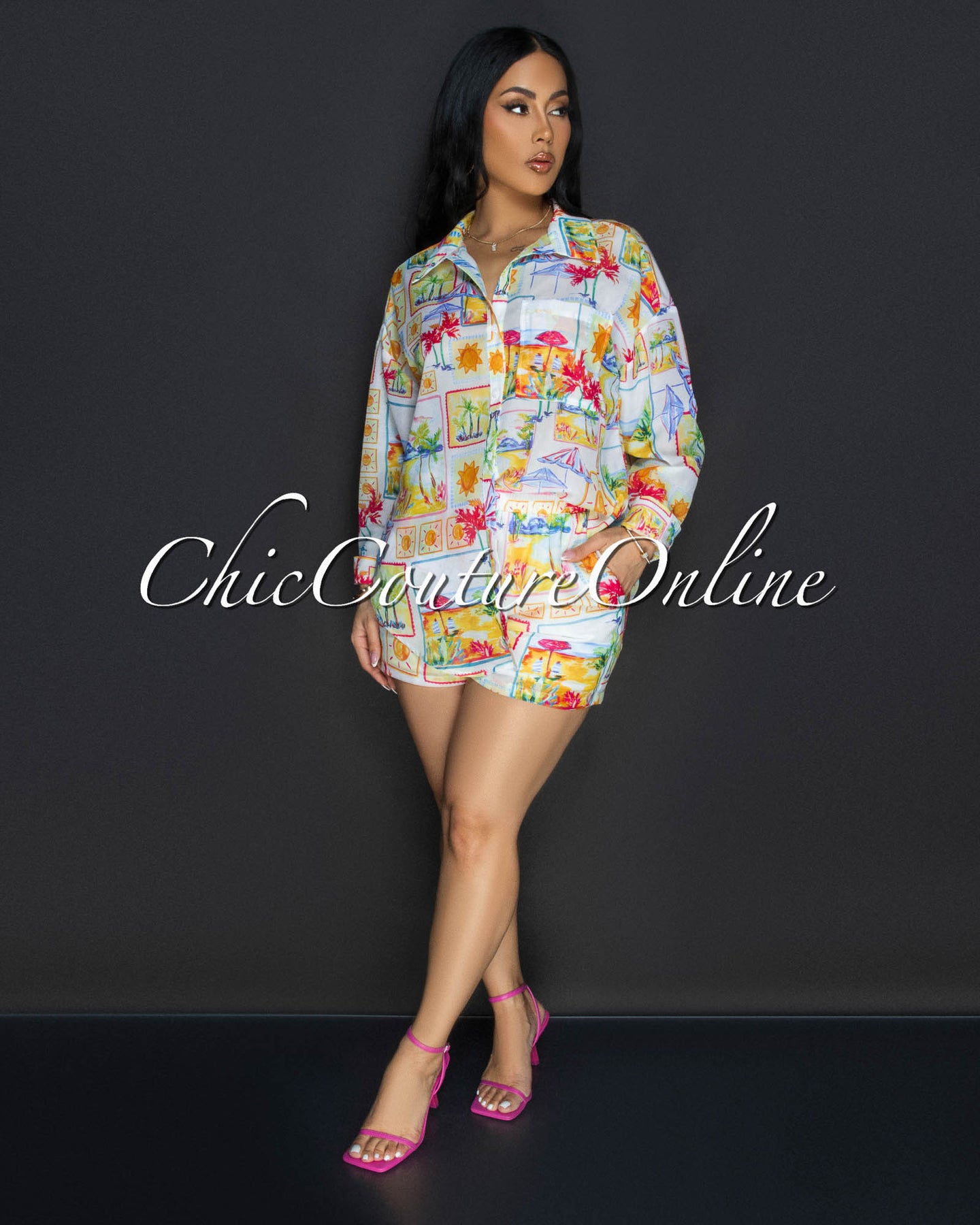 Kaya Multi Beach Print Buttoned Shirt & Shorts Set