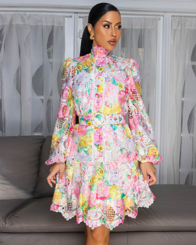 Kinsley Pink Multi-Color Print Eyelet Dress