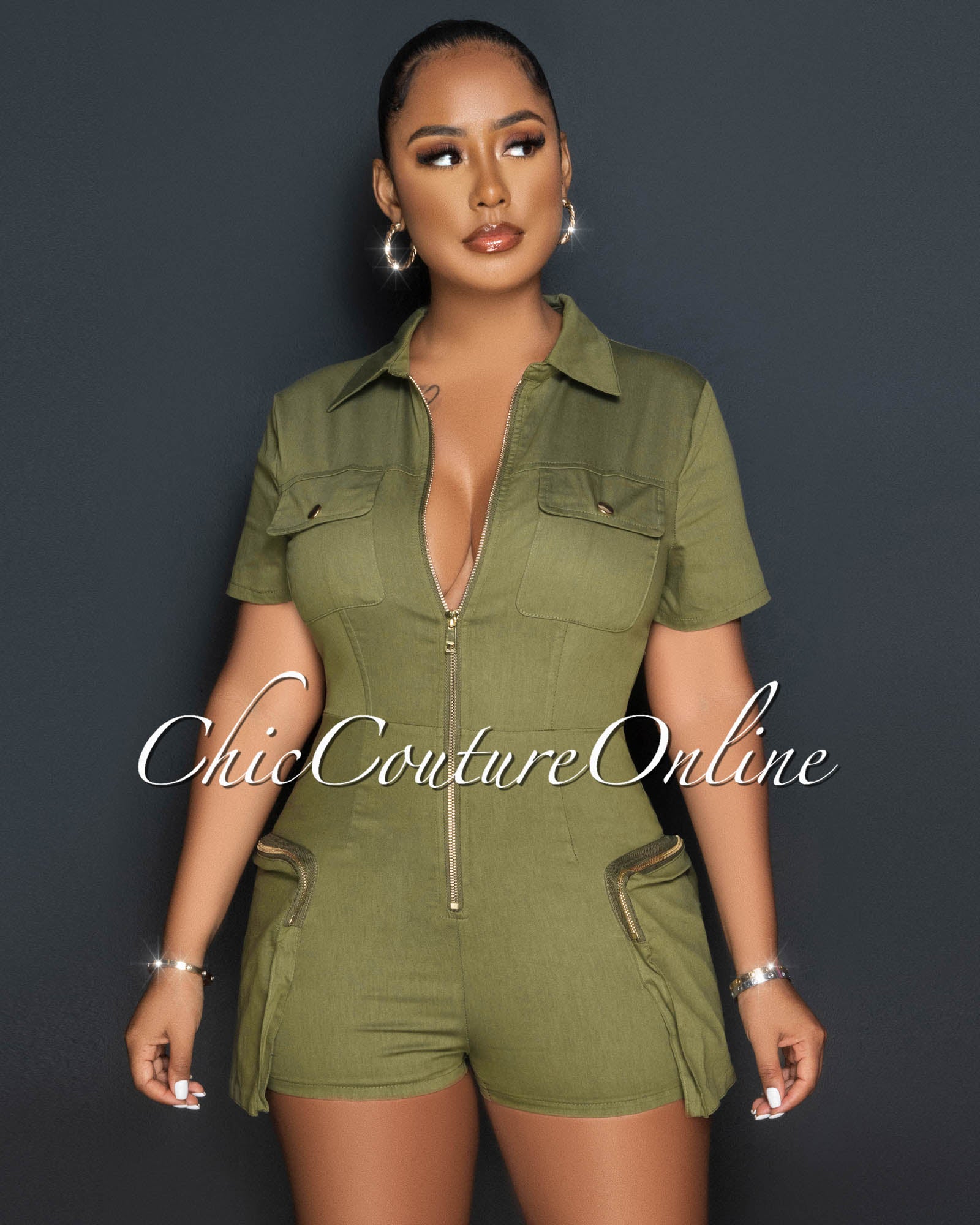 *Sidney Olive Green Cargo Pockets Utility Romper