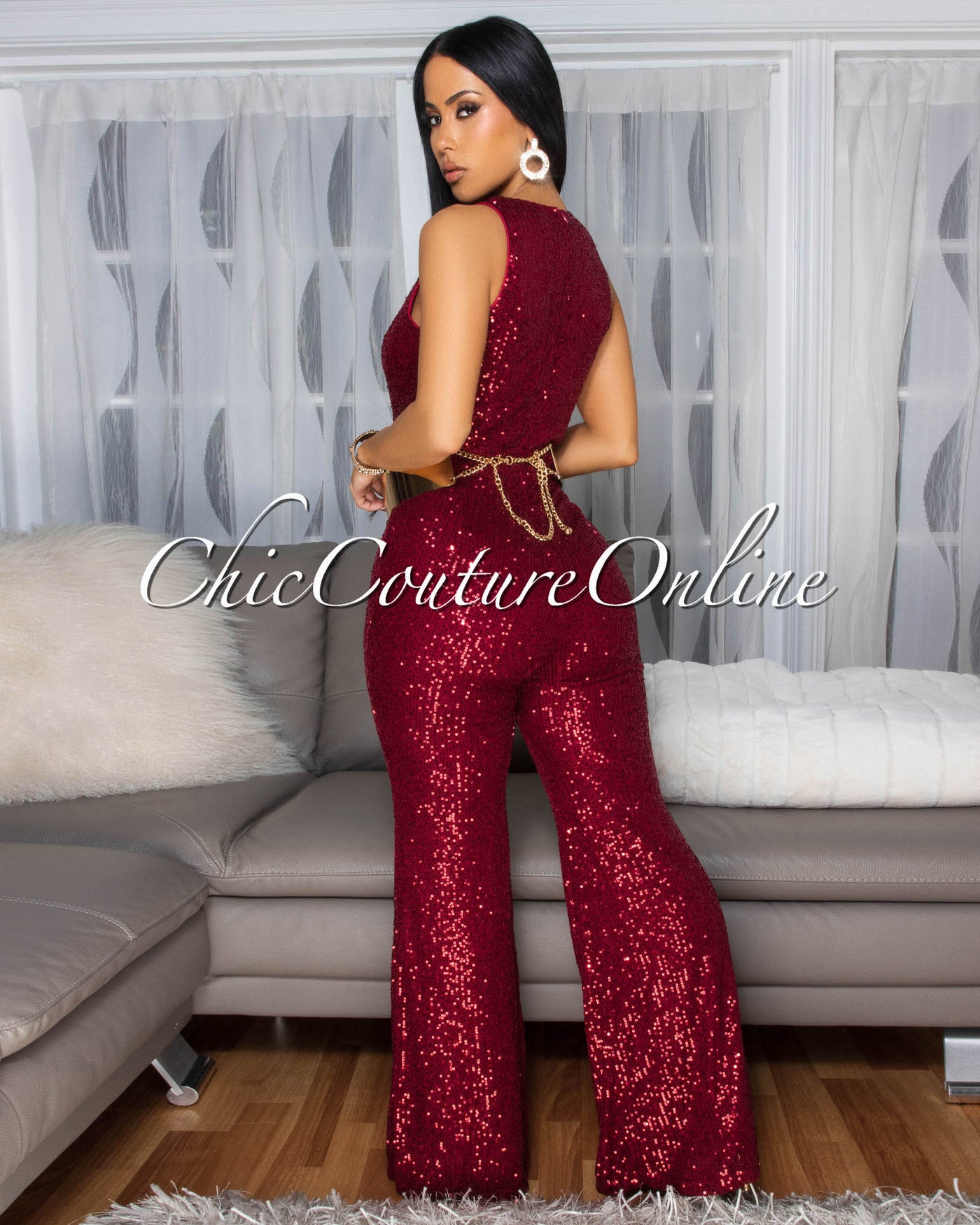 Rowena Burgundy Sequins Jumpsuit