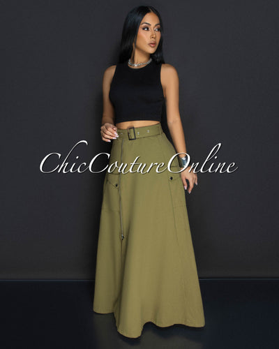 Molly Army Green Zipper Slit Maxi Skirt