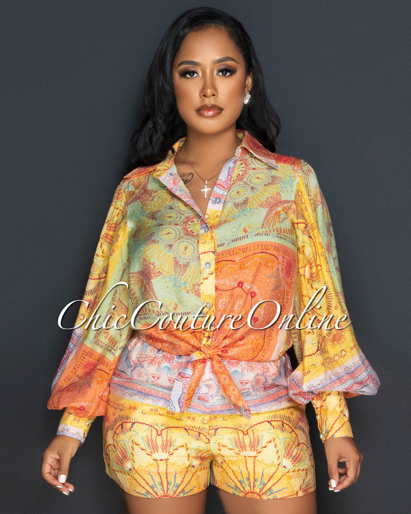 *Adya Orange Green Print Shirt & Shorts Set