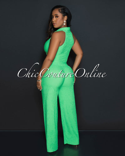 Costelle Green Front Zipper Top & Wide Pants Textured Set
