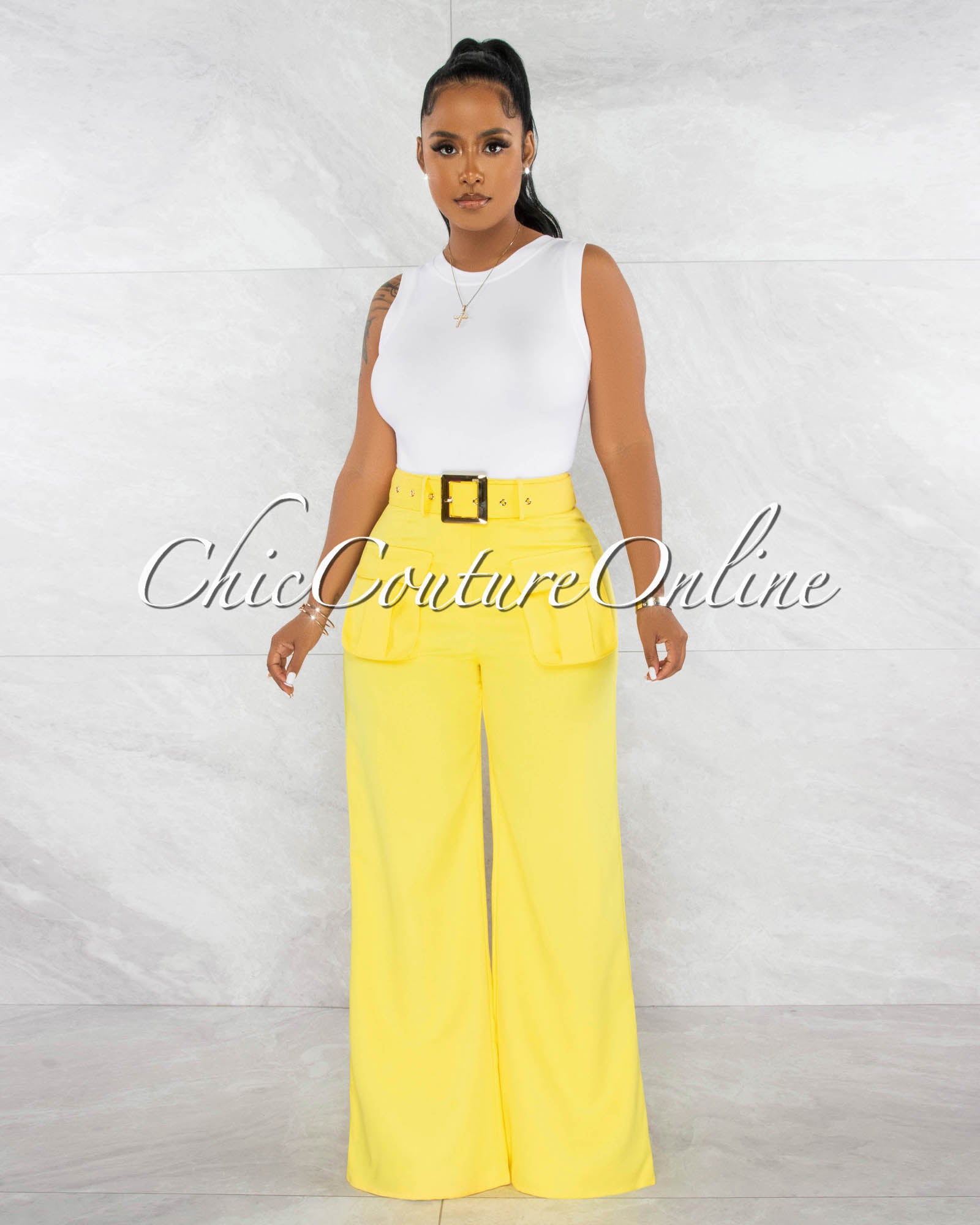 *Harsha Yellow Gold Buckle Belt Cargo Pockets Wide Pants