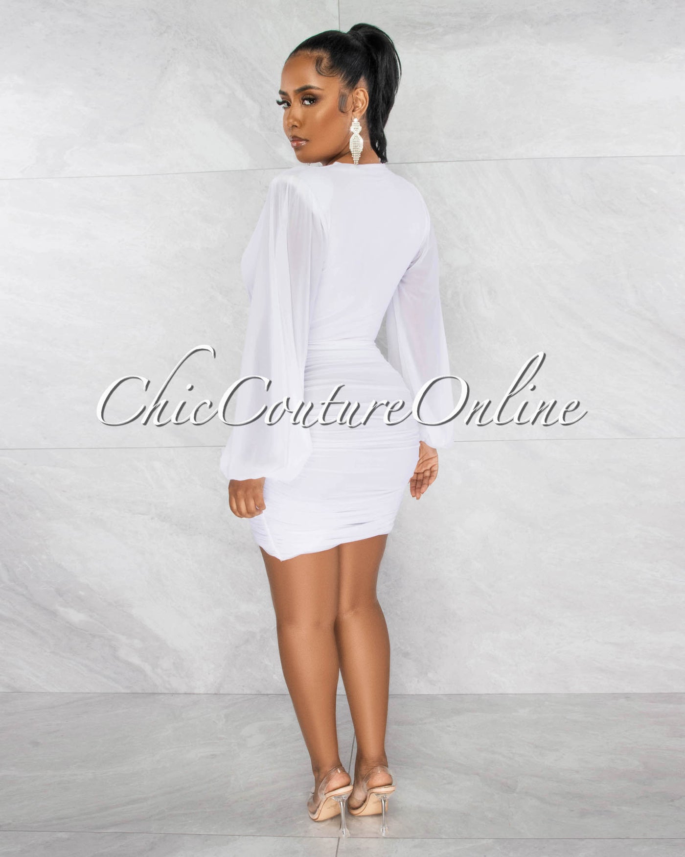 Stephen White Deep-V Mesh Ruched Dress