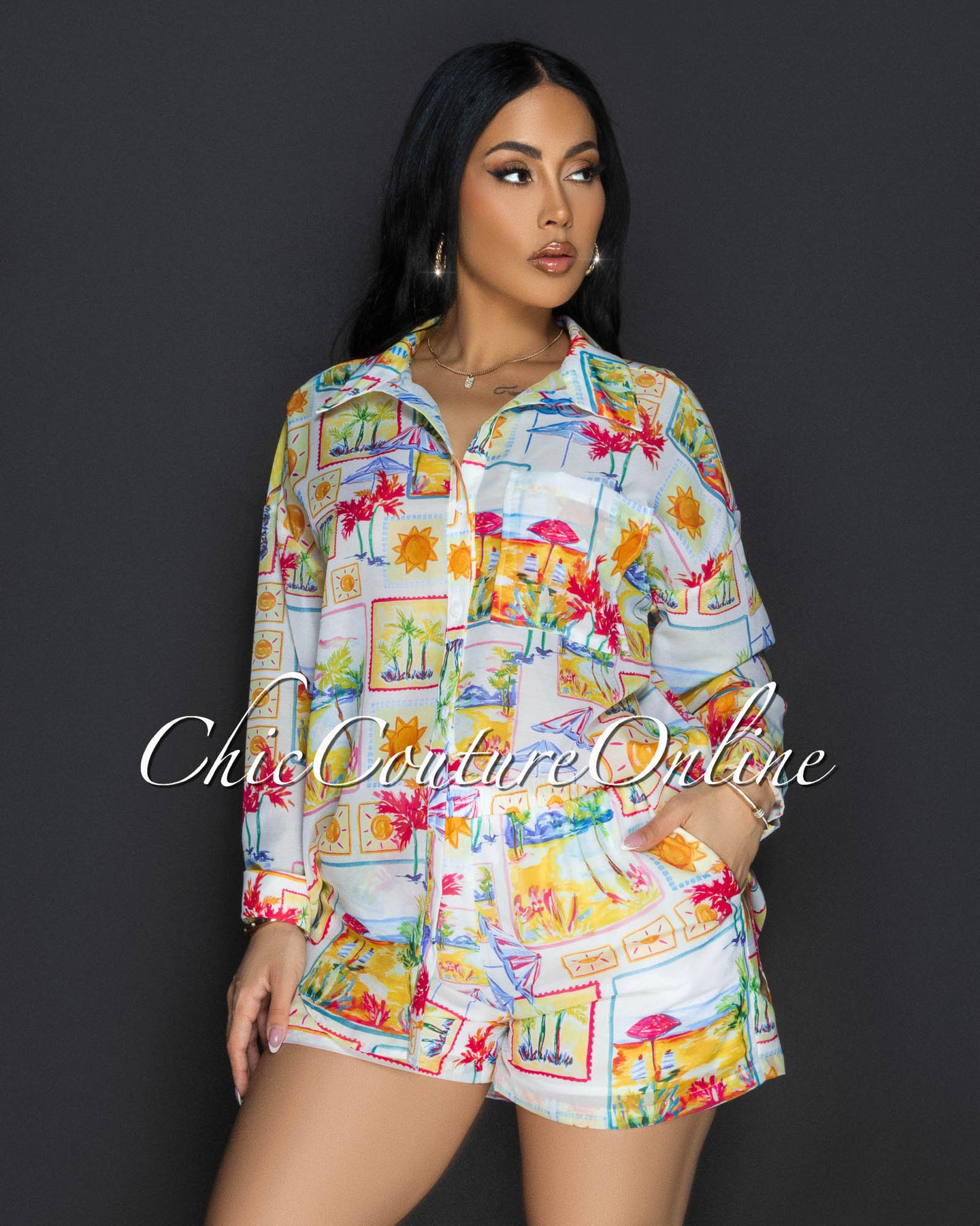 Kaya Multi Beach Print Buttoned Shirt & Shorts Set