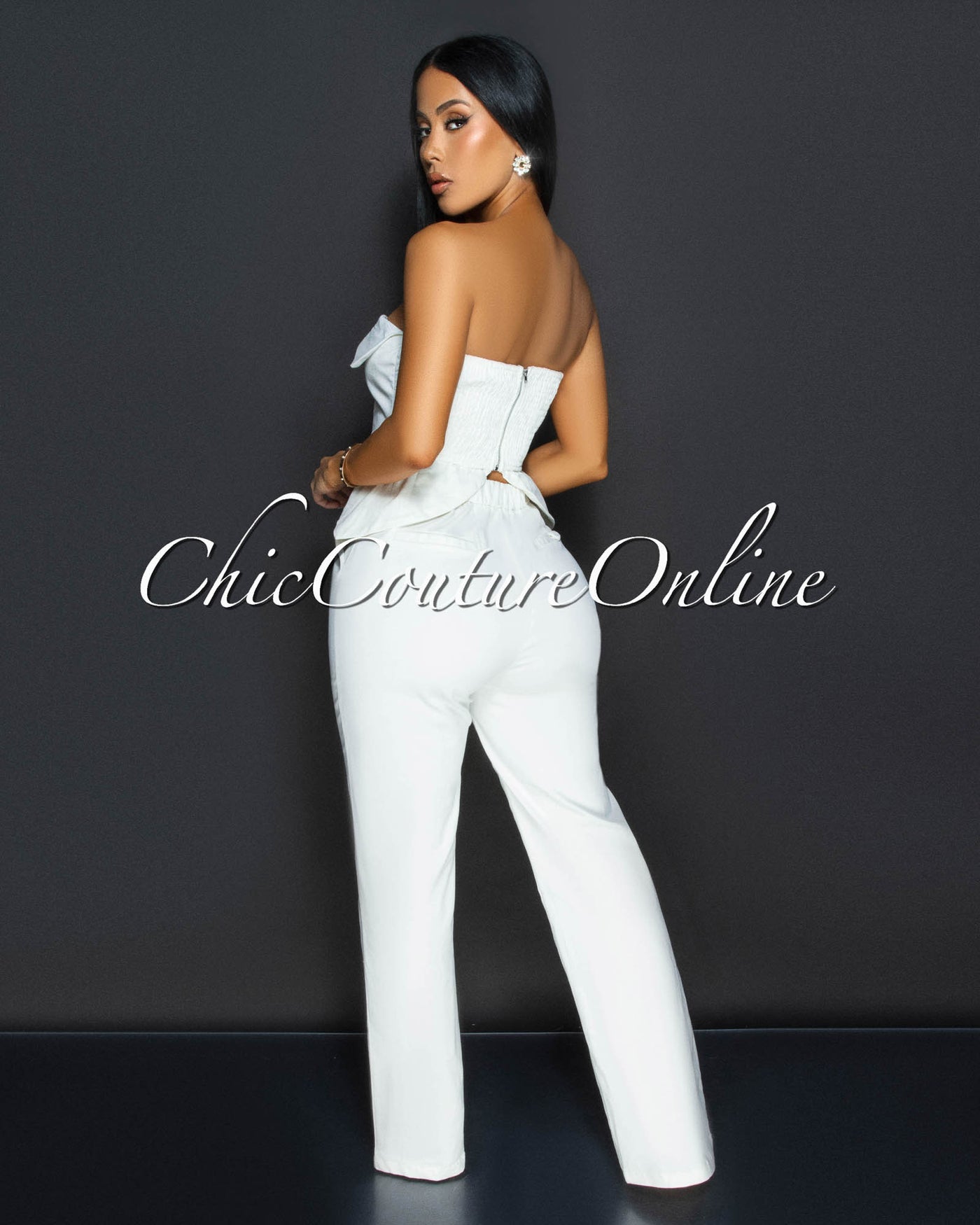 Ilary Off-White Strapless Peplum Top & Pants Set