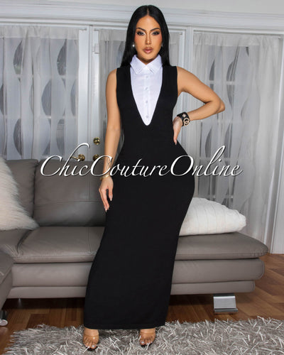 Jolienne Black White Tuxedo Maxi Dress