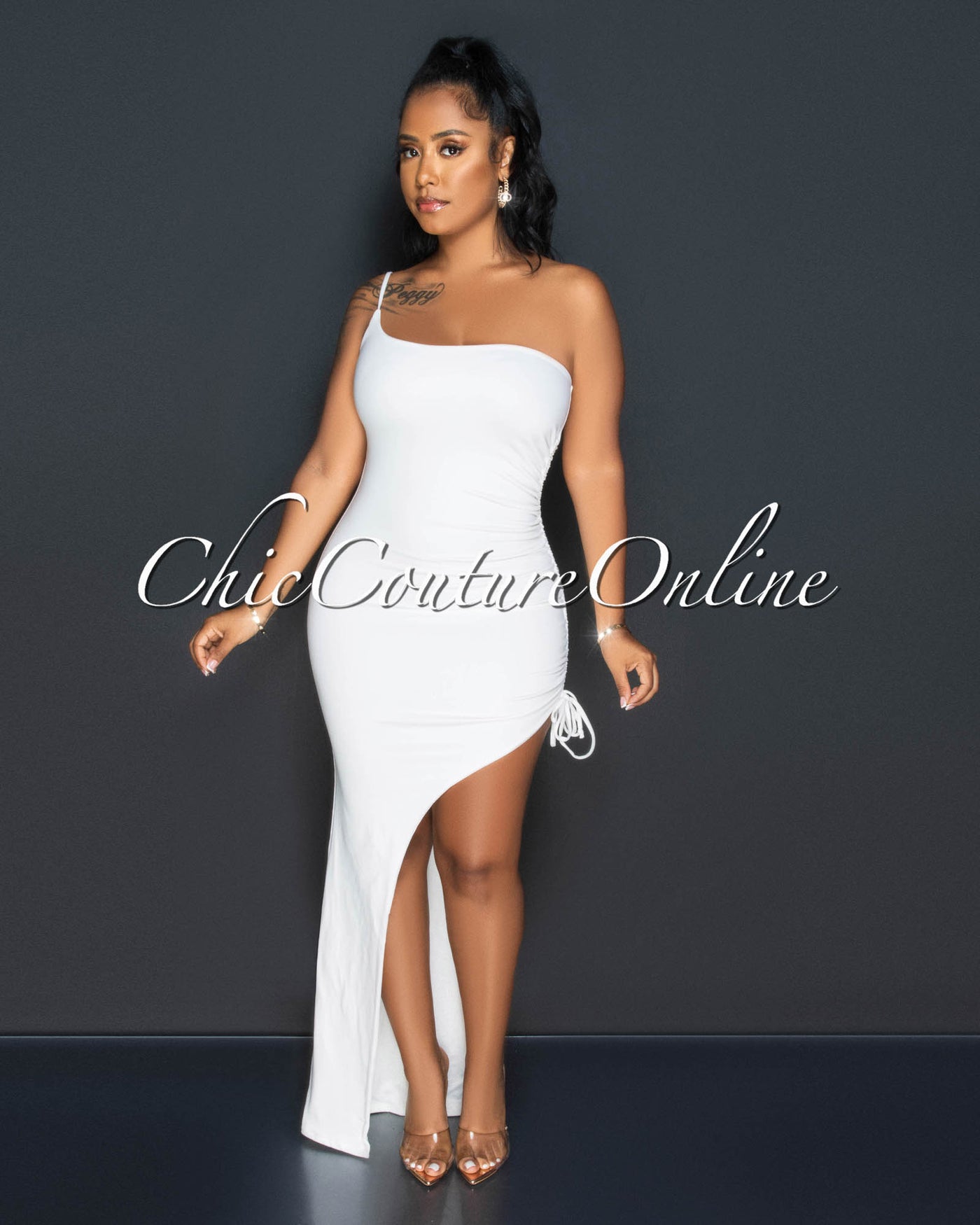 *Celene Off-White Single Shoulder Ruched Side Slit Maxi Dress