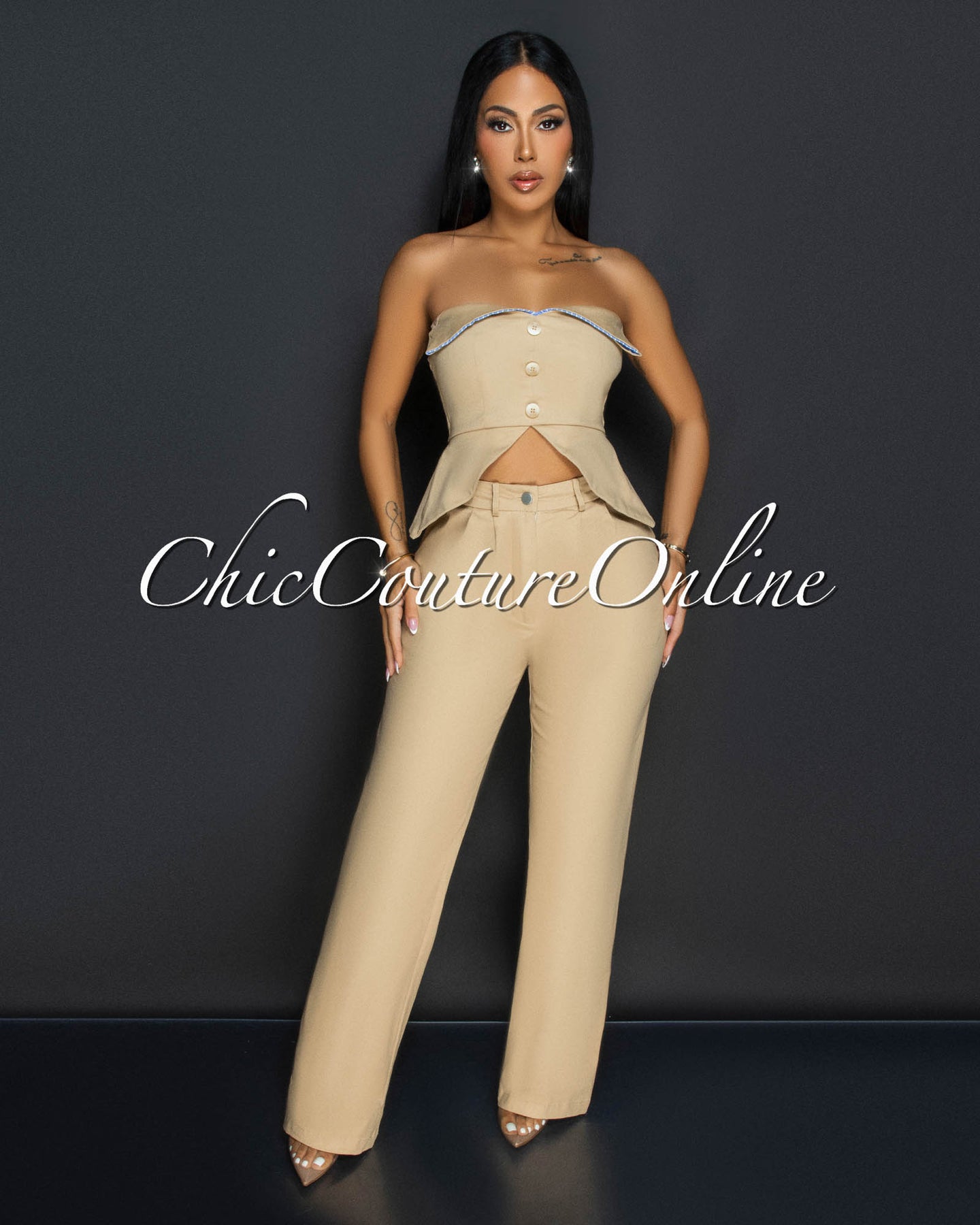 Ilary Khaki Strapless Peplum Top & Pants Set