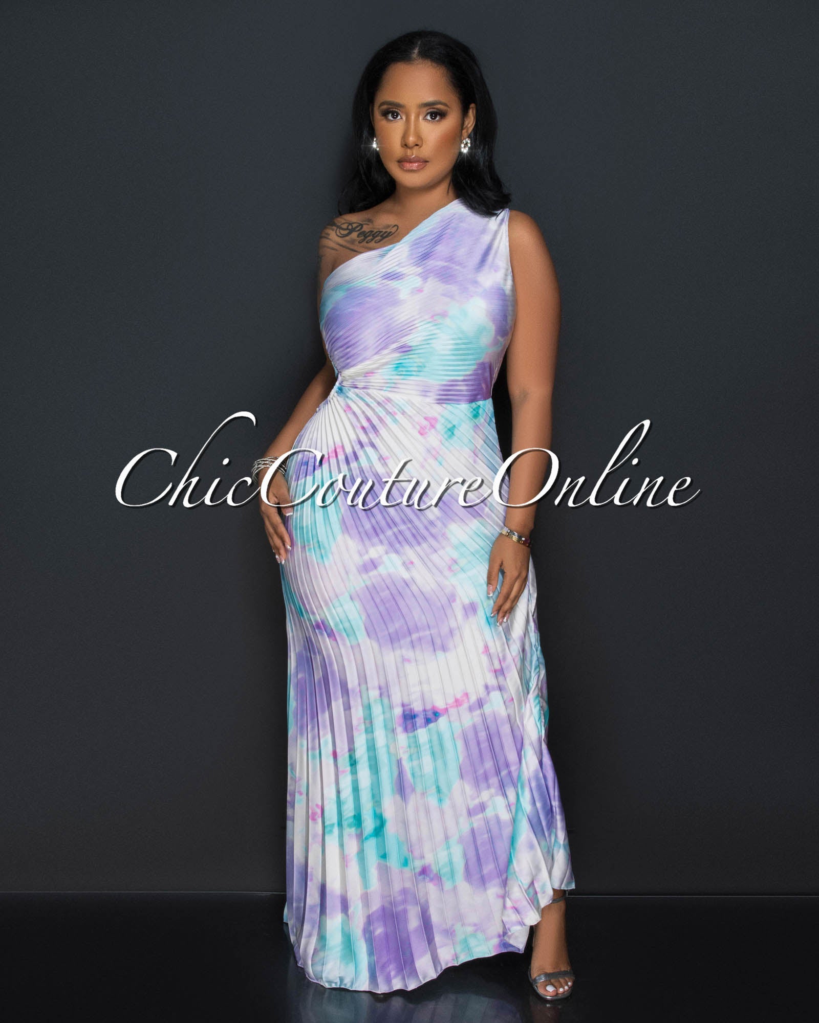 Sabia Lilac Aquamarine Pleated Single Shoulder Silky Maxi Dress