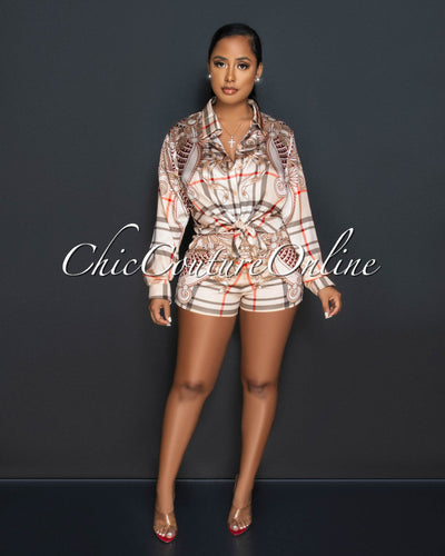 Bethany Nude Plaid Print Silky Shirt & Shorts Set