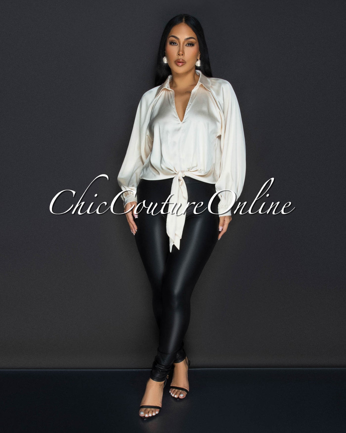 Cilia Champagne Front Tie Silky Blouse