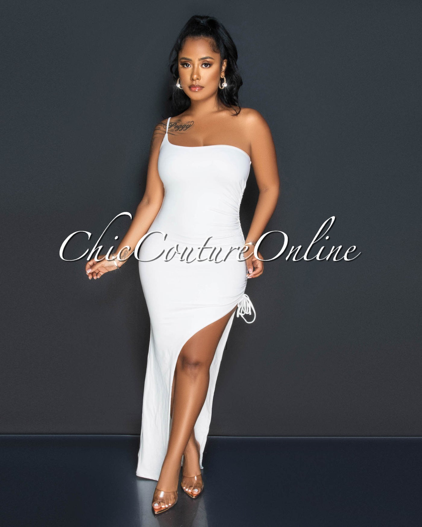 Celene Off-White Single Shoulder Ruched Side Slit Maxi Dress