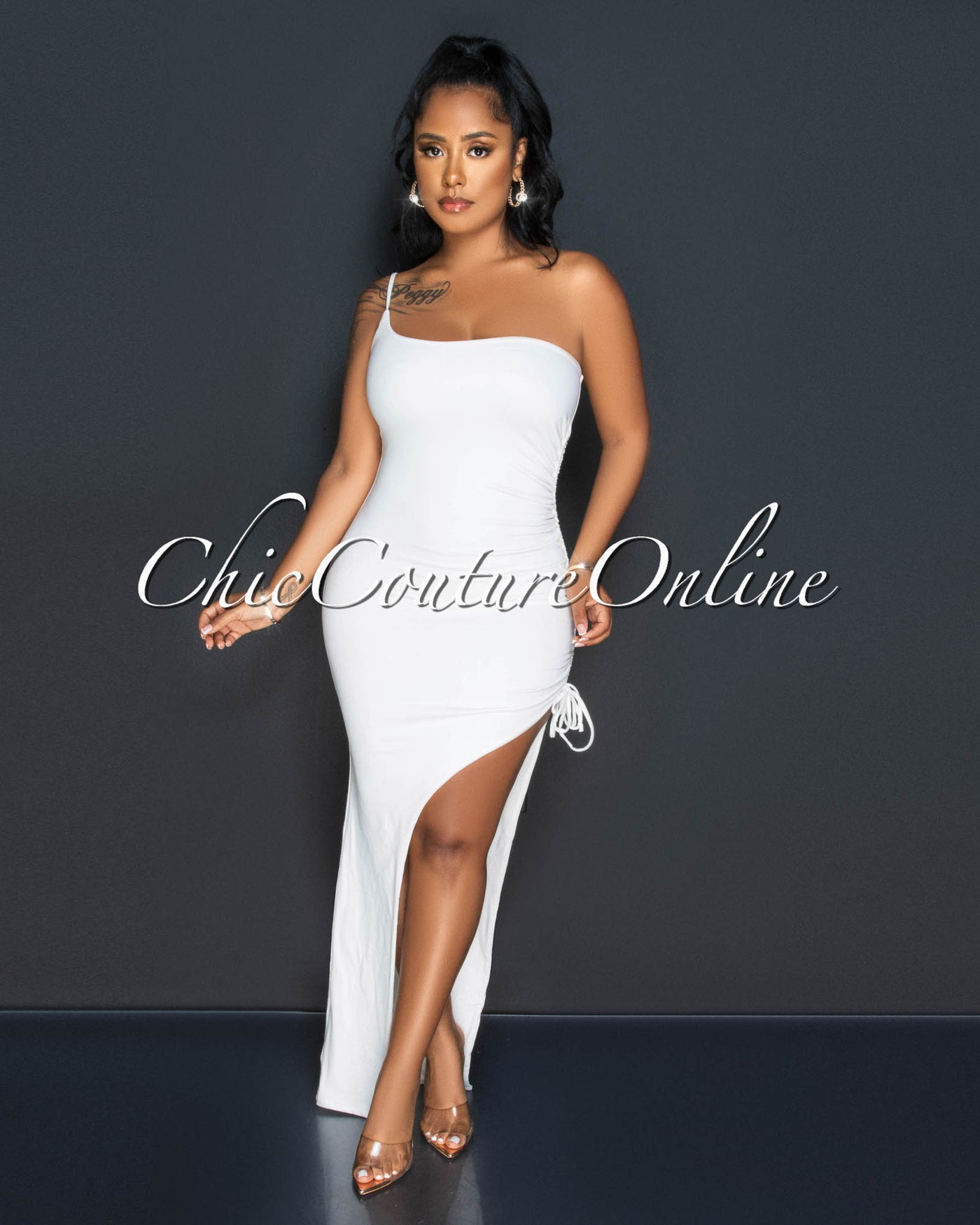 *Celene Off-White Single Shoulder Ruched Side Slit Maxi Dress