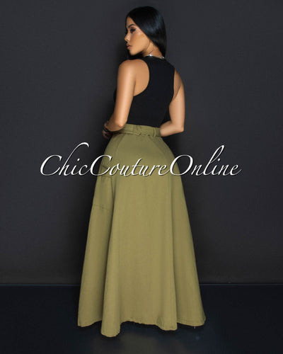 Molly Army Green Zipper Slit Maxi Skirt