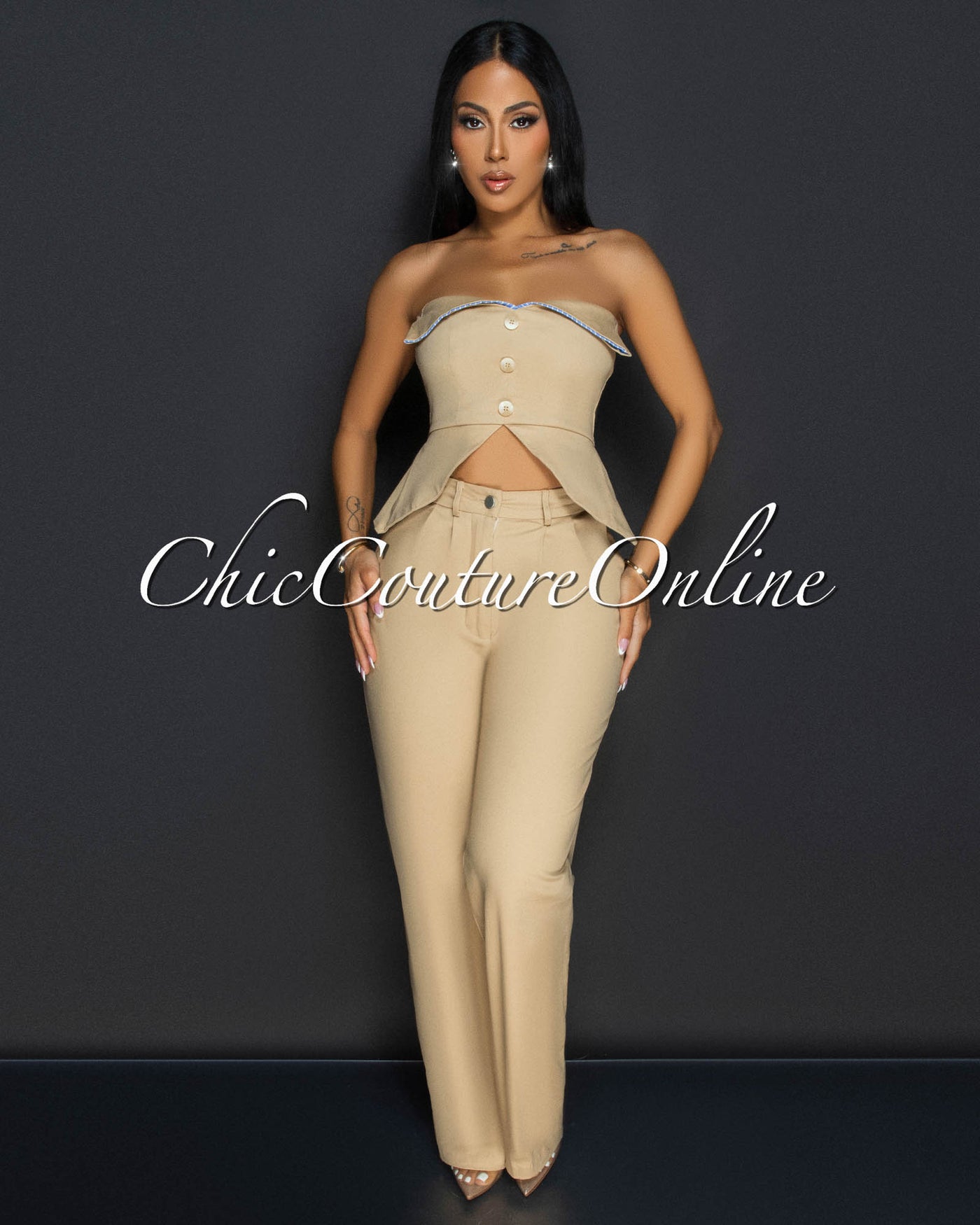 Ilary Khaki Strapless Peplum Top & Pants Set