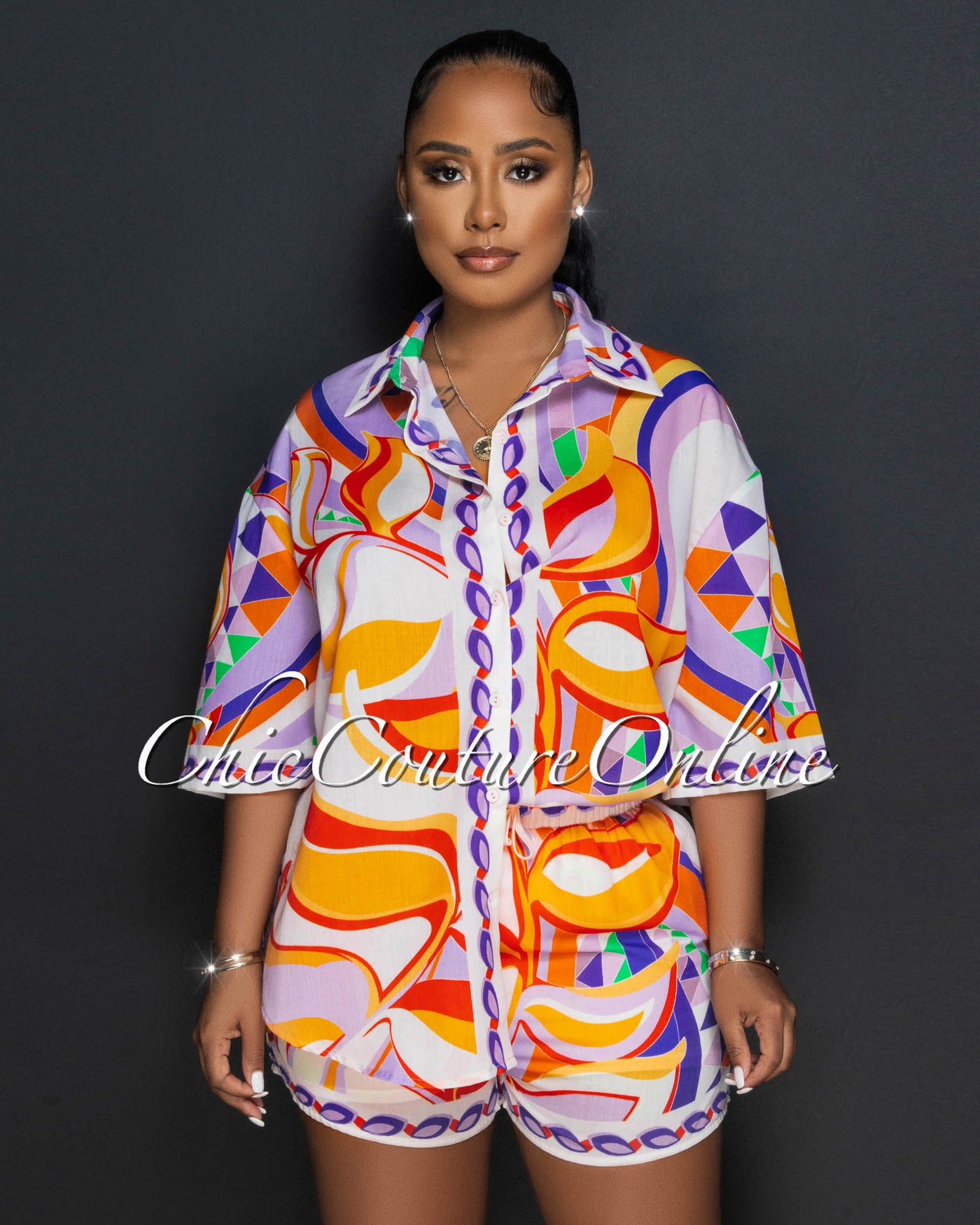 Kristina Orange Lilac Multi-Color Print Shirt & Shorts Set