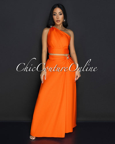 Ceci Orange Gold Accent Top & Skirt Two Piece Set