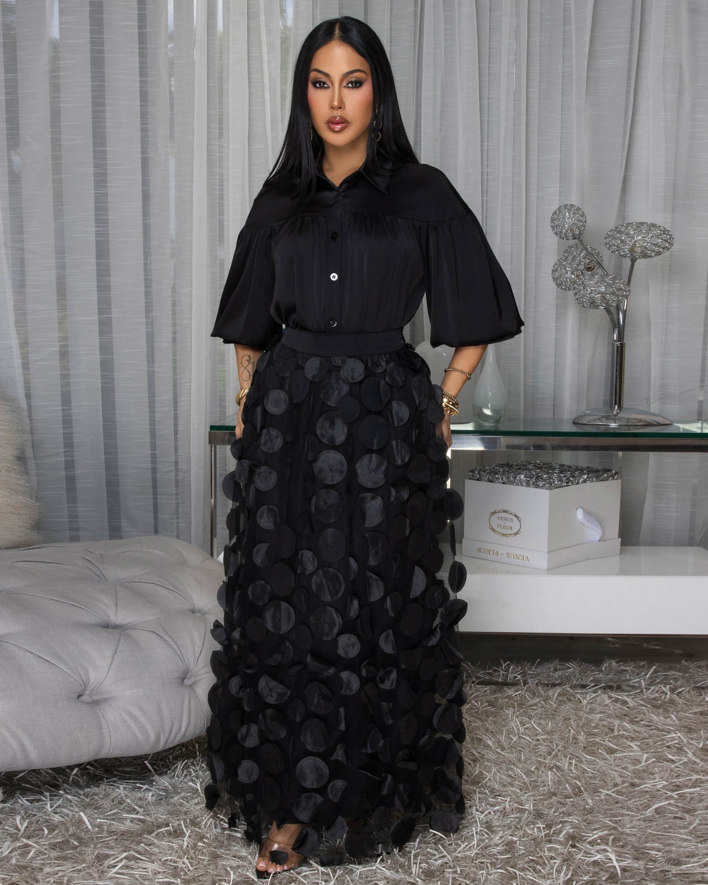 Melrose Black Mesh Overlay Skirt Set