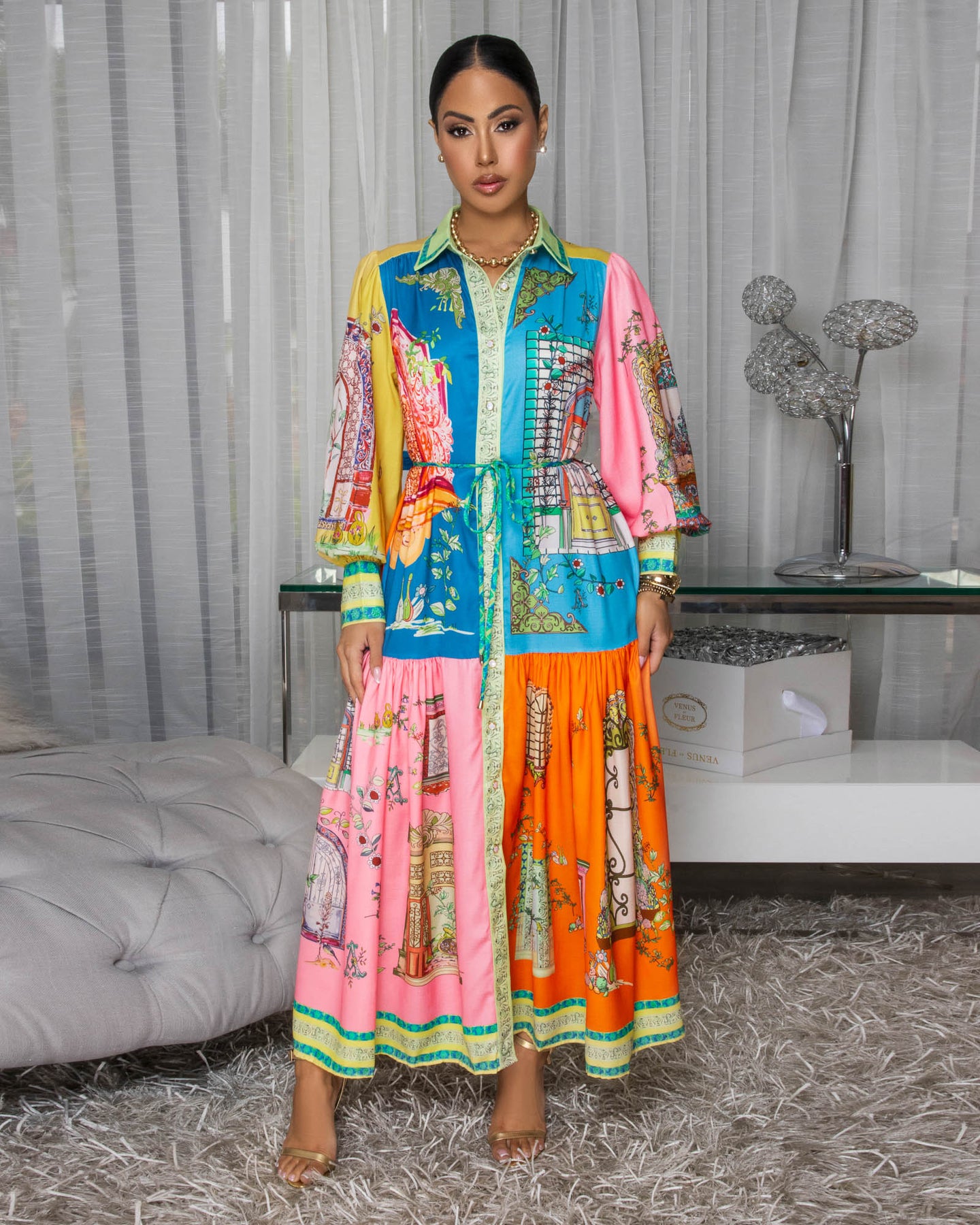 Calista Multi-Color Print Silky Maxi Dress