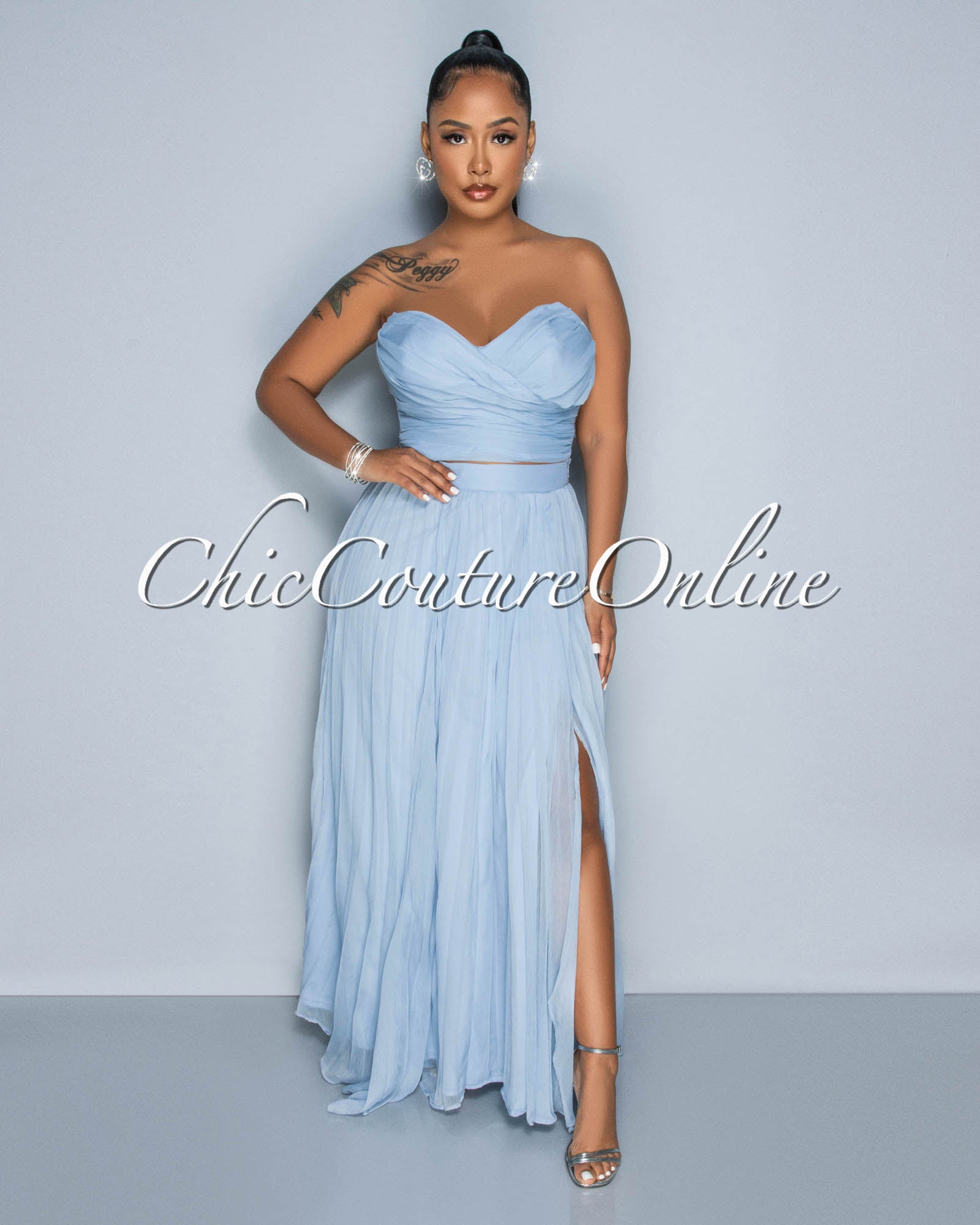 Desina Dusty Blue Draped Crop Top & Pleated Maxi Skirt Set