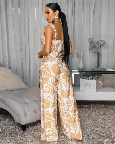 Olivia Taupe White Floral Print Top & Pants Set