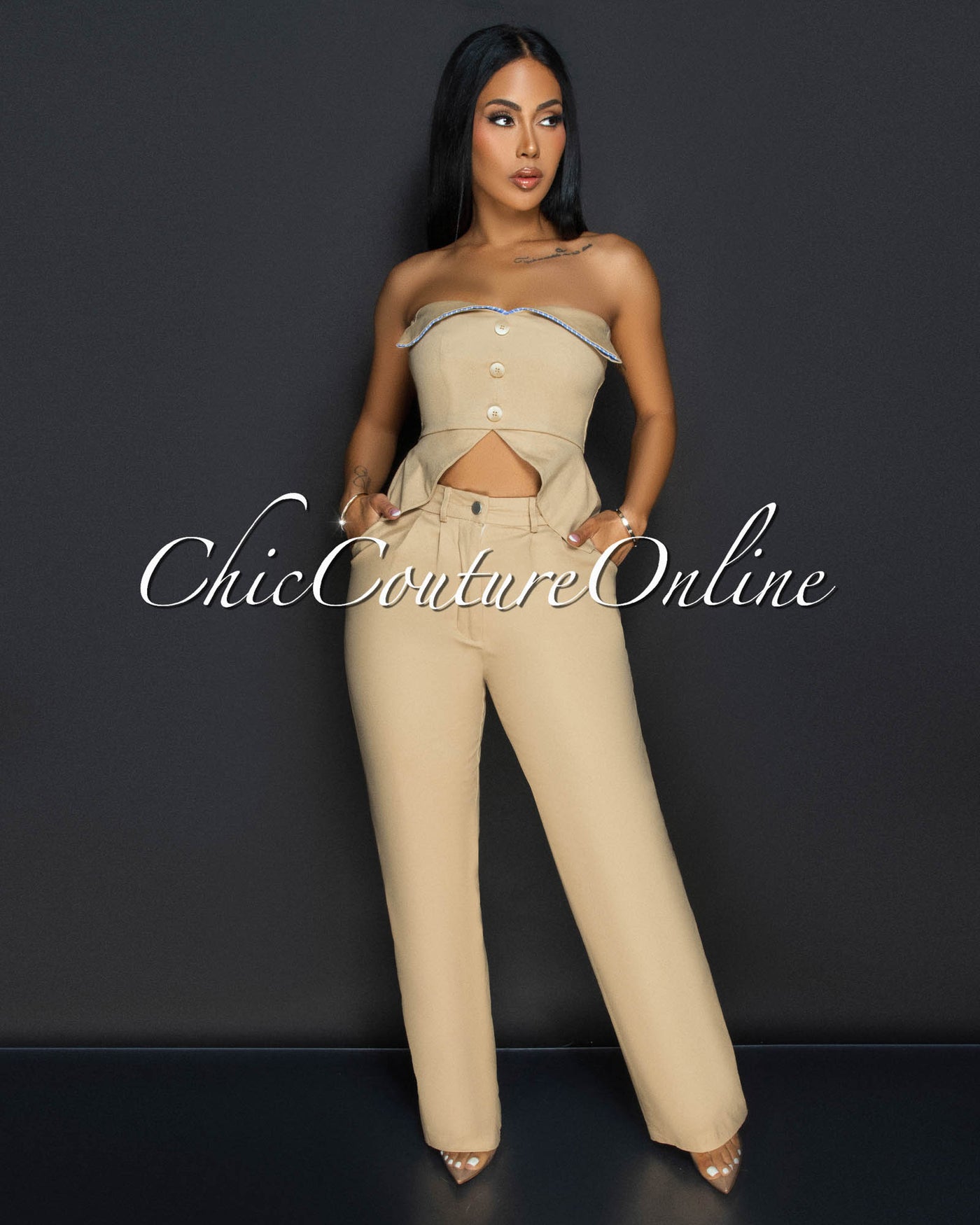 Ilary Khaki Strapless Peplum Top & Pants Set