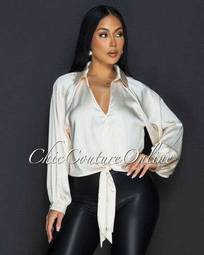 Cilia Champagne Front Tie Silky Blouse