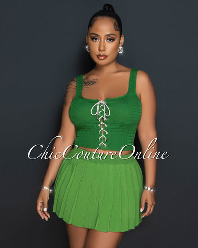 Barney Green Rhinestones Lace-Up Top & Mini Pleated Skirt Set