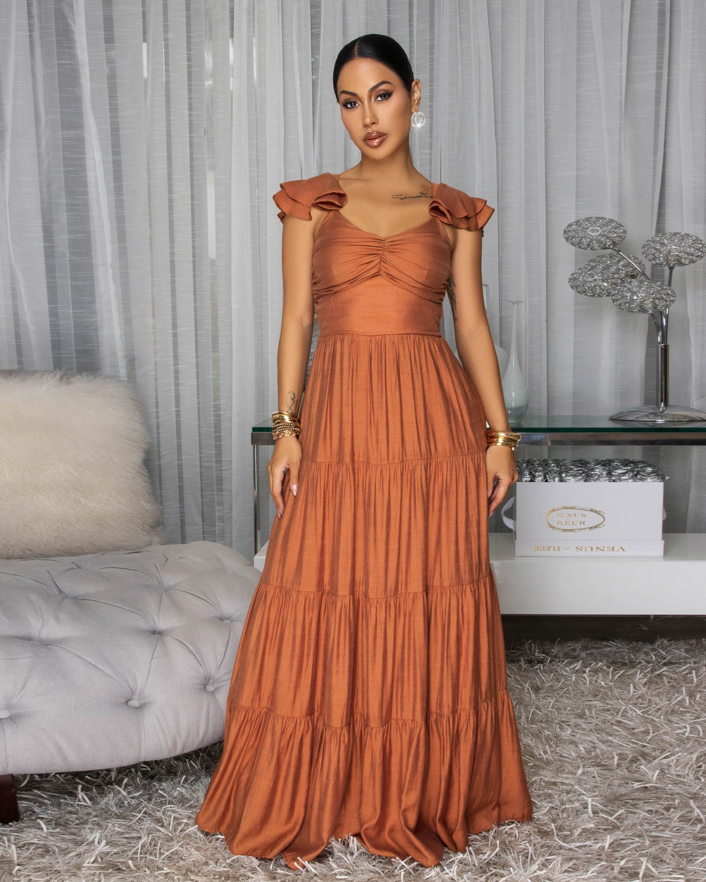 Blain Rust Ruffle Sleeves Maxi Dress