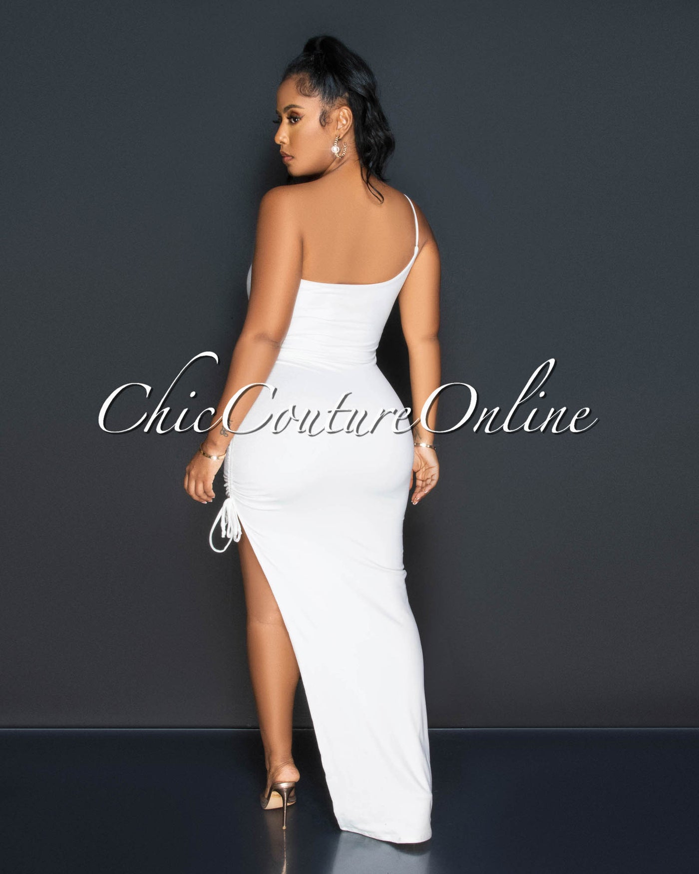 Celene Off-White Single Shoulder Ruched Side Slit Maxi Dress