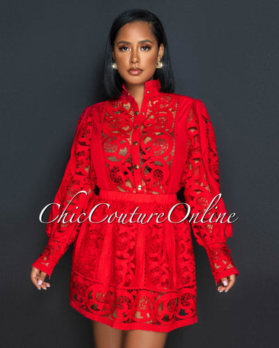Sonya Red Crochet See-Though Blouse & Ruffle Skirt Set
