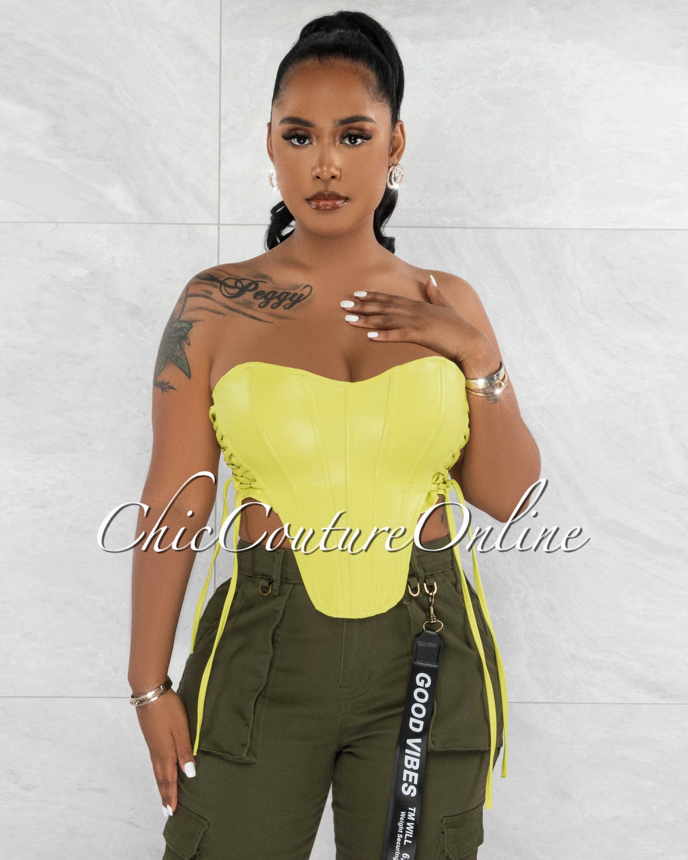 Claria Lime Vegan Leather Lace-Up Corset Crop Top
