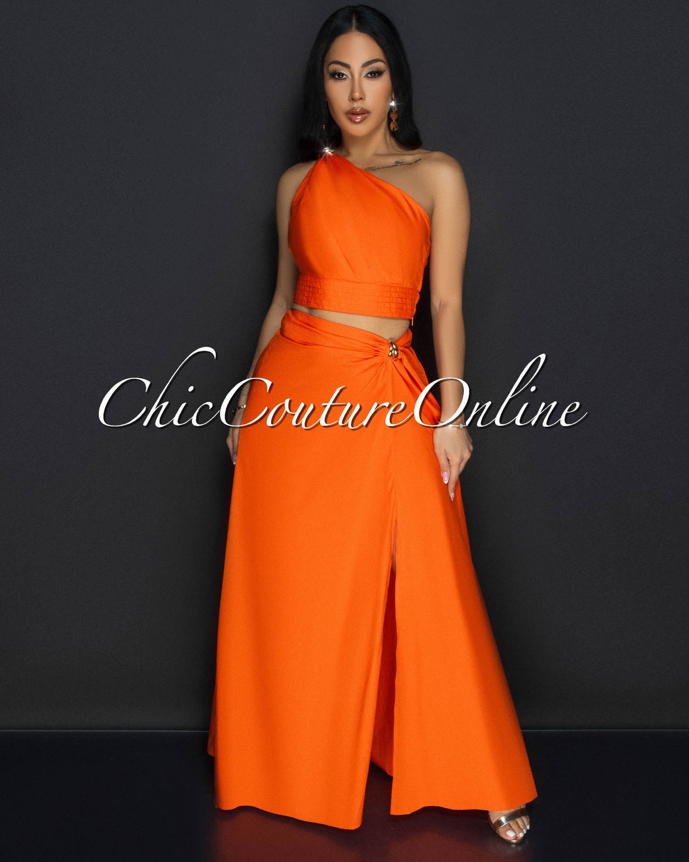 Ceci Orange Gold Accent Top & Skirt Two Piece Set