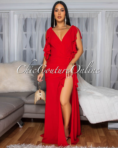 Abianka Red Ruffle Slit Maxi Dress