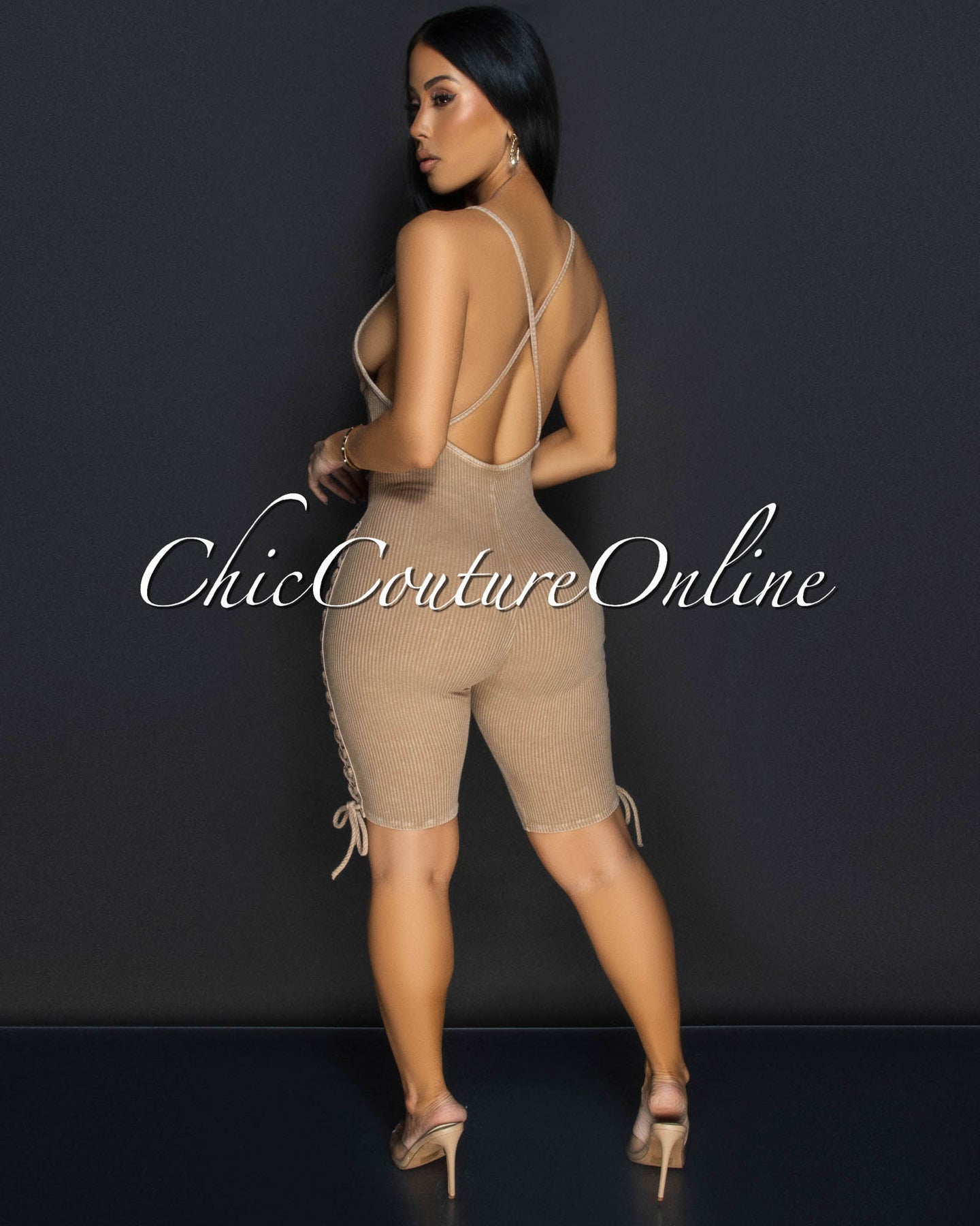 Daya Nude Ribbed Lace-Up Sides Romper