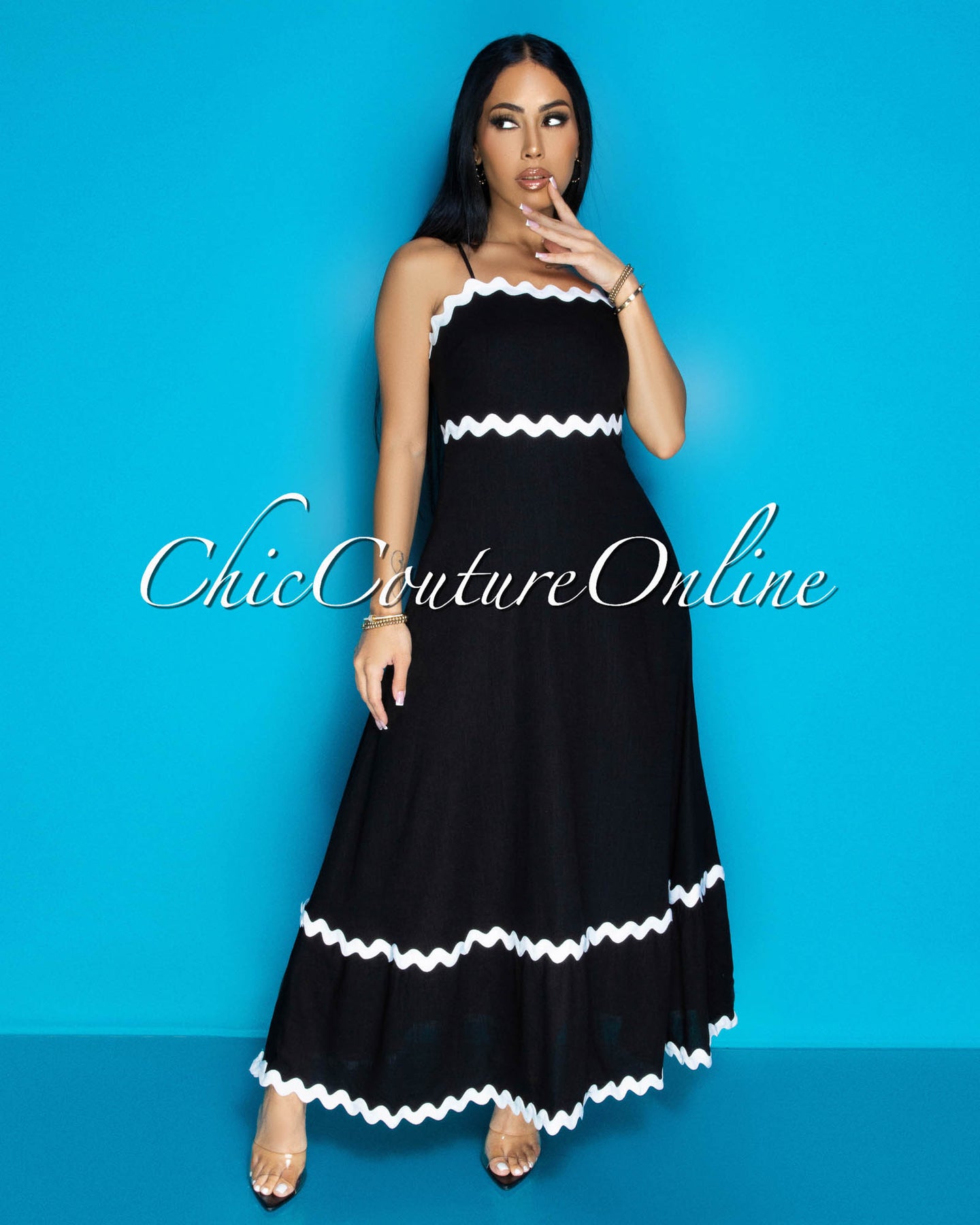 Joss Black White Trimming Linen Maxi Dress