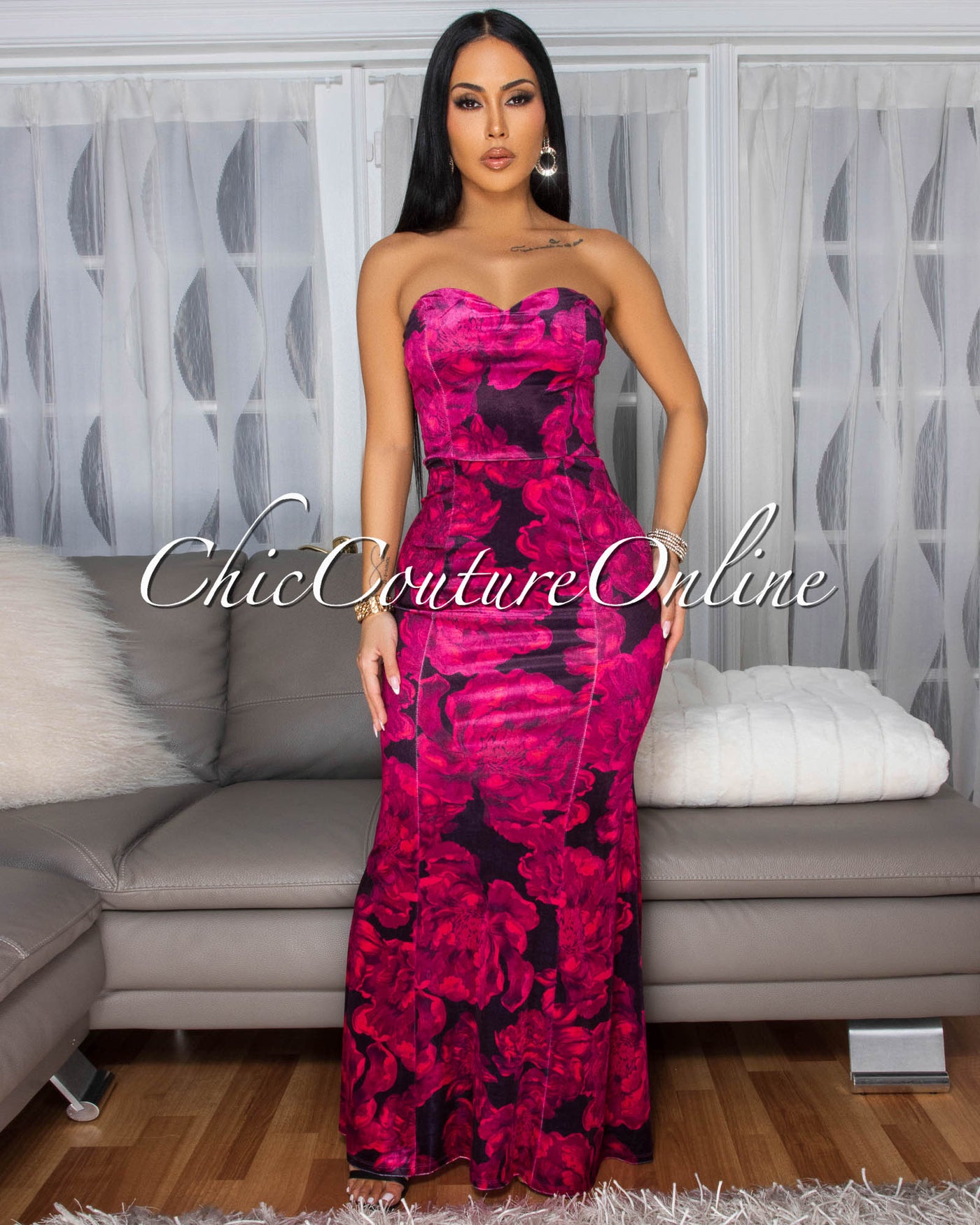 Darling Fuchsia Floral Print Strapless Maxi Dress