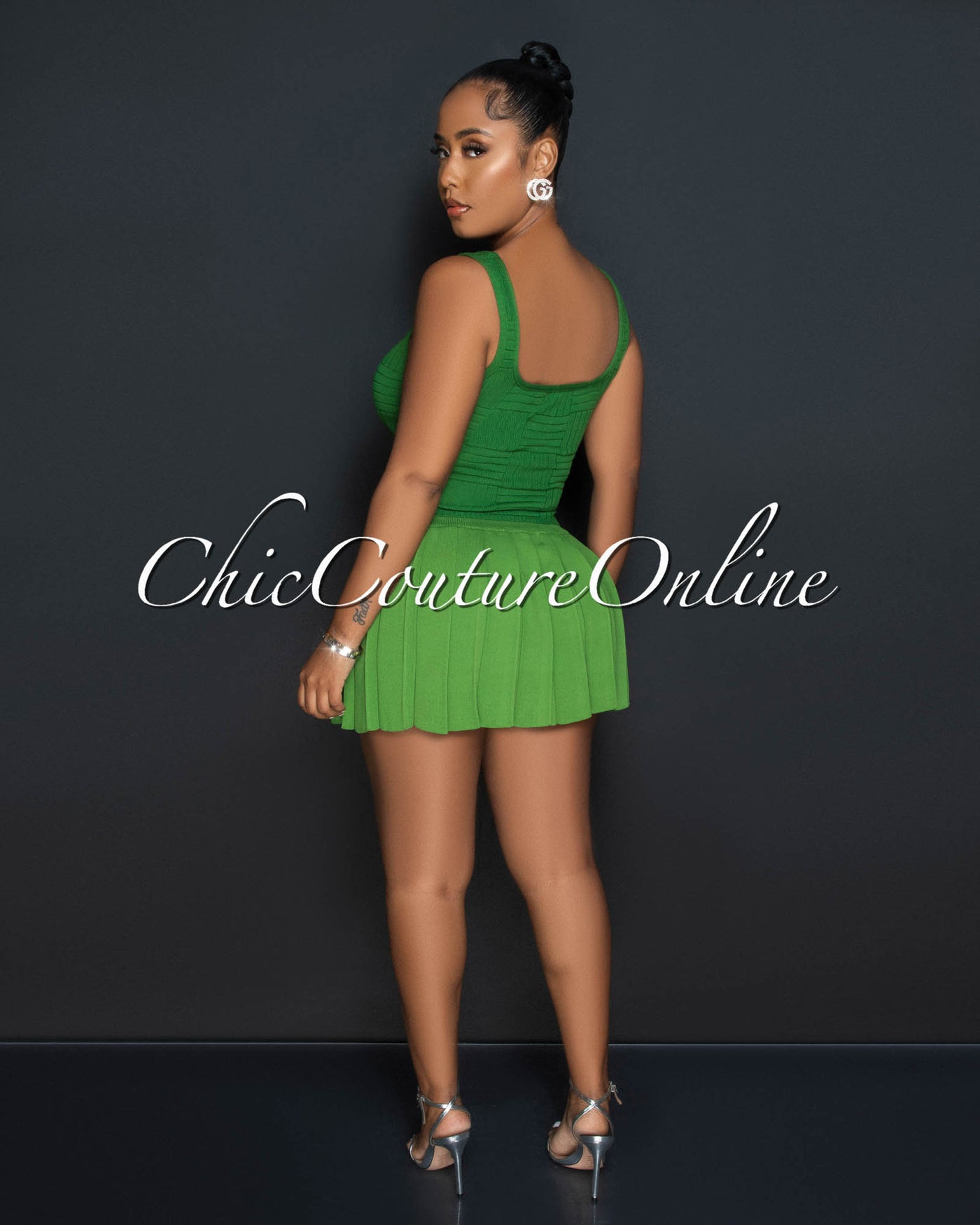 Barney Green Rhinestones Lace-Up Top & Mini Pleated Skirt Set