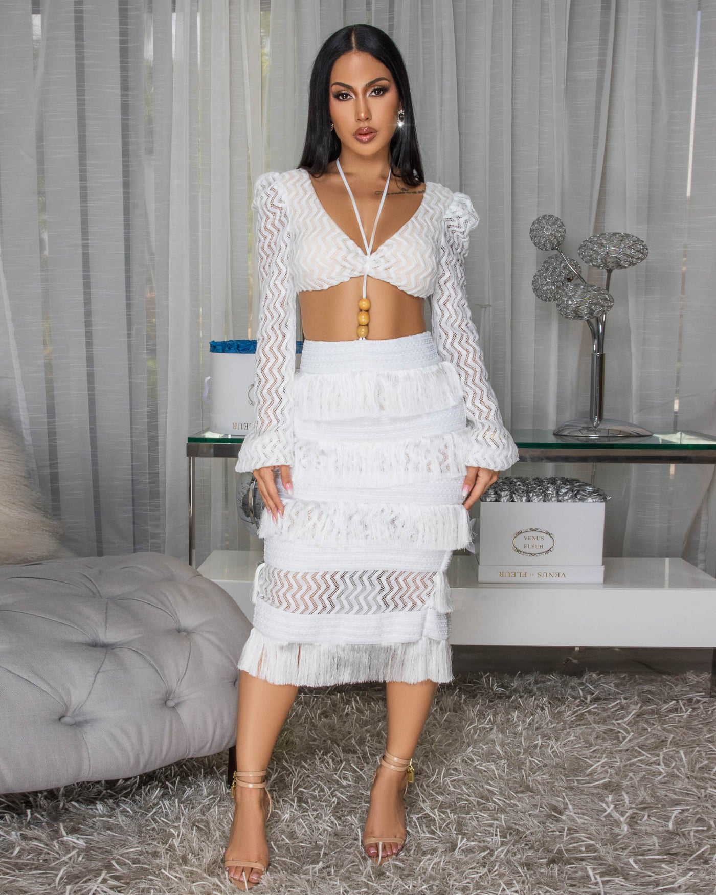 Sonnetta White Lace Crop Top & Fringe Skirt Set