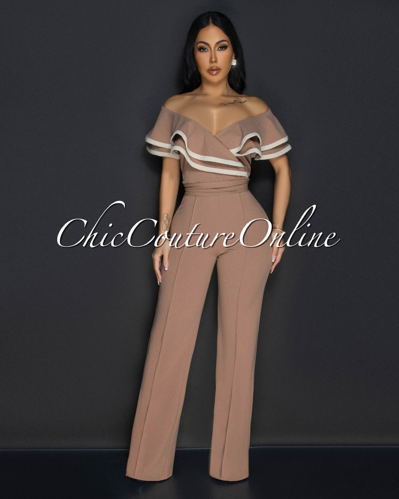 Mara Nude Beige Trim Ruffle Bust Jumpsuit