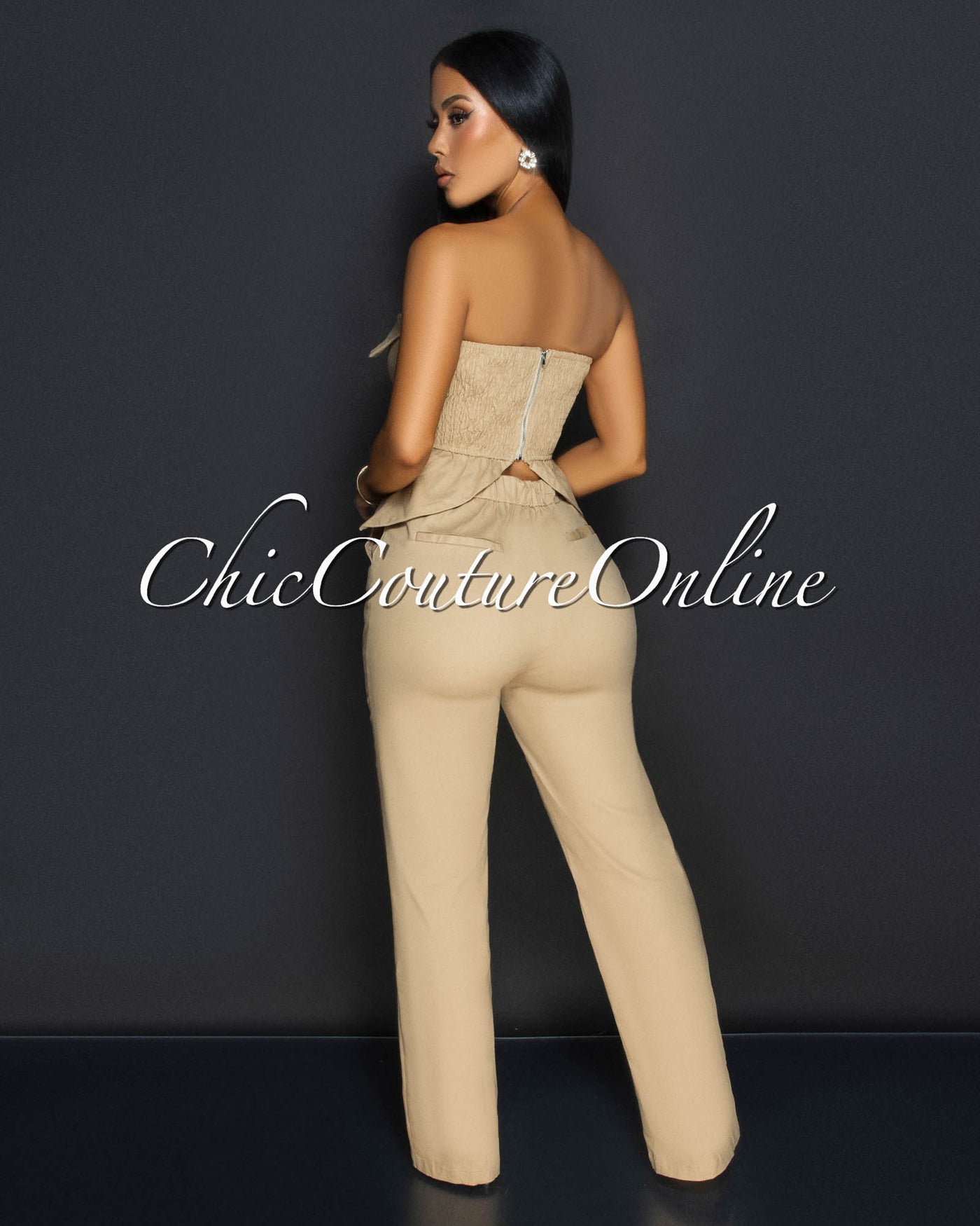 Ilary Khaki Strapless Peplum Top & Pants Set